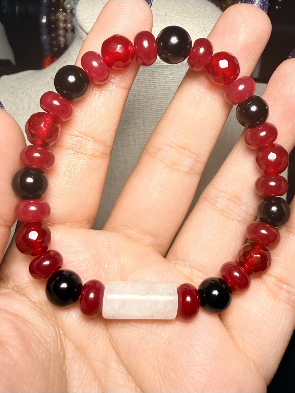 White Quartz, Red Agate & Red Jade Bracelet